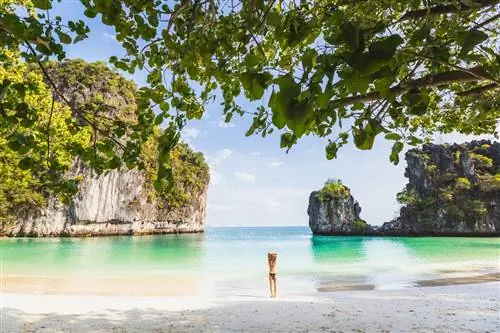 Женщина в купальном костюме стоит на берегу пляжа и смотрит на большие скалы, покрытые зеленью, выходящие из океанской воды.