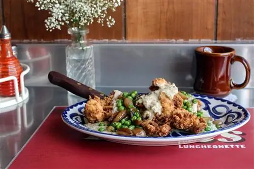 синяя фарфоровая тарелка с курицей, соусом и горошком в закусочной голубя в Чикаго