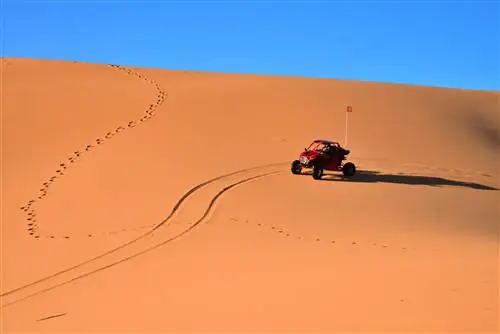 Вездеход скользит по оранжево-розовой песчаной дюне.