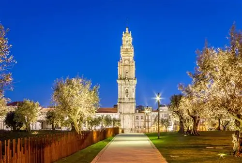 Башня Клеригуш в Порту ночью