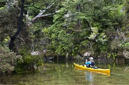 Особенности - Женщина гребет на морском каяке, Национальный парк Абеля Тасмана, Нельсон, Новая Зеландия.