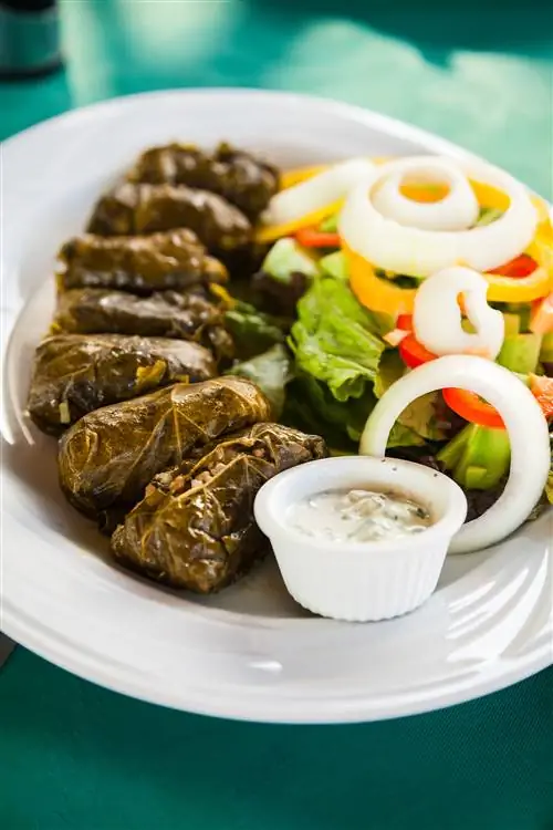 Долма - виноградные листья, фаршированные мясным фаршем, подаются с чесночно-йогуртовым соусом и свежими овощами на белой тарелке