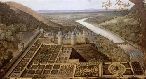 Жак Фукье: Schloss Heidelberg, Ansicht von Osten mit der Planung des Hortus Palatinus, 1619, Kurpfälzisches Museum der Stadt Heidelberg.