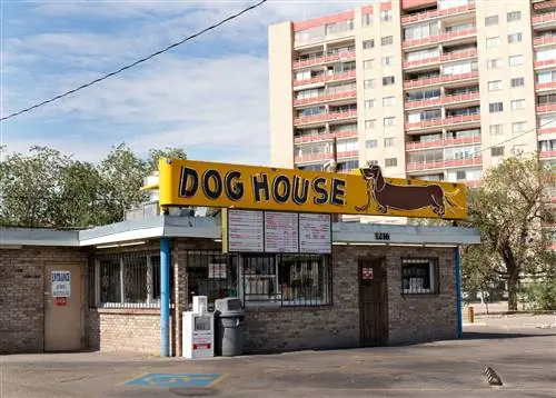 Вид на ресторан The Dog House и его вывеску с изображением «колбасной собаки», поедающей сосиски. Вид на ресторан The Dog House и его вывеску с изображением «колбасной собаки», поедающей сосиски.