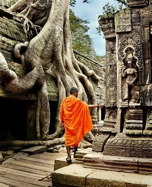 Монах в традиционных оранжевых одеждах ходит среди храмовых построек в Ангкоре. Корни деревьев растут над древними стенами и внутри них
