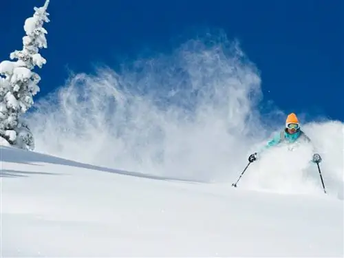 Лыжник идет по рыхлому снегу в Альте, штат Юта.