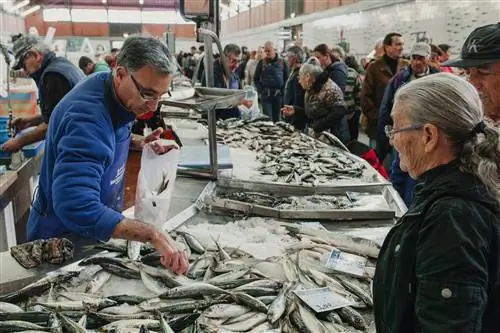 Продажа рыбы на рыбном рынке в Оляо, Португалия