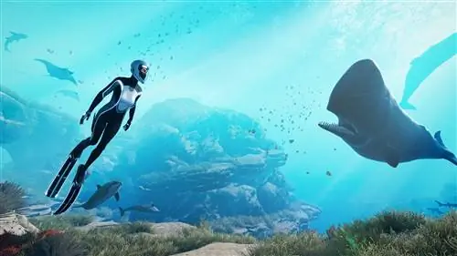 Главный герой видеоигры Beyond Blue плывет к камере. За ней несколько морских существ, в том числе дельфины и киты.