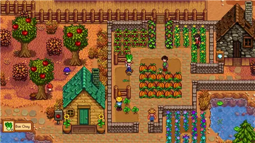 Скриншот из игры Stardew Valley, где игрок стоит рядом с огородом возле своей фермы. В игре реализована ретро-графика и вид на мир сверху вниз, характерный для старых видеоигр.