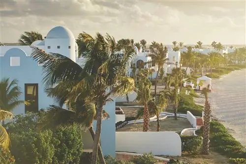 Частные виллы в Belmond Cap Juluca вдоль пляжа. Рядом с виллами выстроились пальмы.