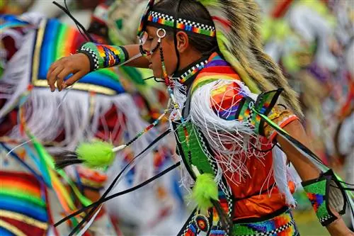 Молодой человек танцует на 49-й ежегодной выставке United Tribes Powwow.