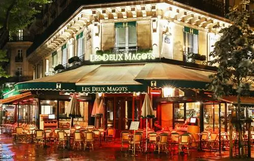 Кафе Les Deux Magots в Париже под дождем
