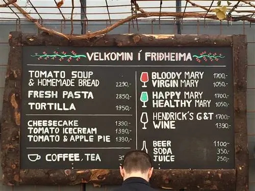Меню ресторана Friðheimar с упором на помидоры, выращенные в теплицах