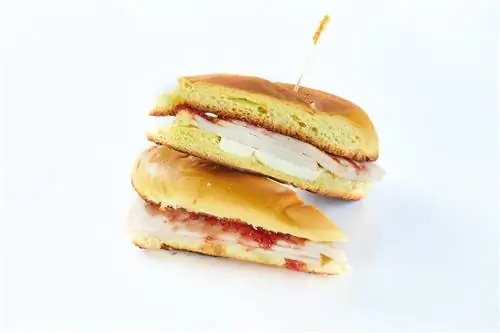 Поперечное сечение поджаренного бутерброда Елены Рут со слоями сливочного сыра, клубничного желе и индейки.