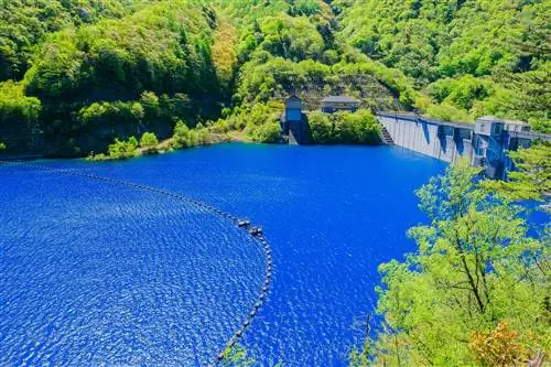 Поразительно яркая вода выделяется на фоне пышной растительности на краю плотины.