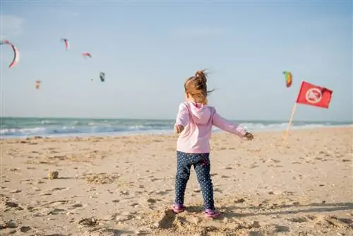Ребенок играет на пляже Кайт, Дубай, Объединенные Арабские Эмираты