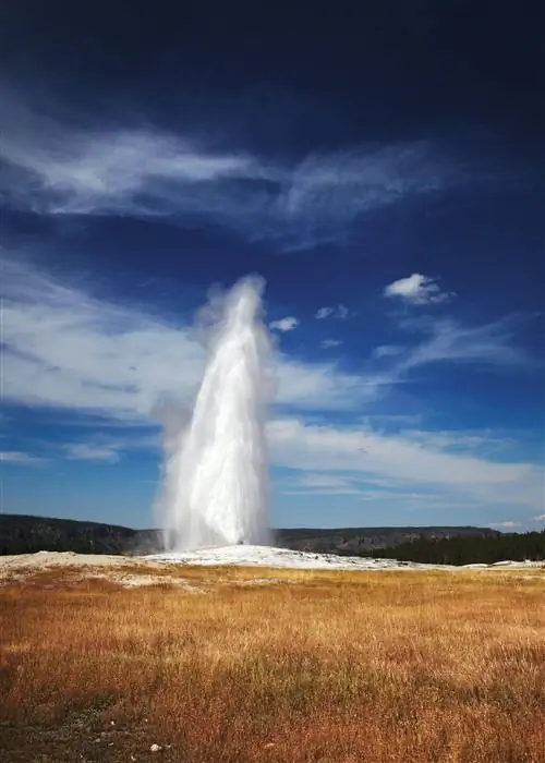 Струя горячей воды извергается из Old Faithful, самого известного гейзера в Йеллоустонском национальном парке.