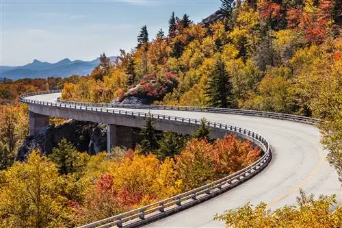Извилистая дорога Blue Ridge Parkway, штат Вирджиния, осенью.