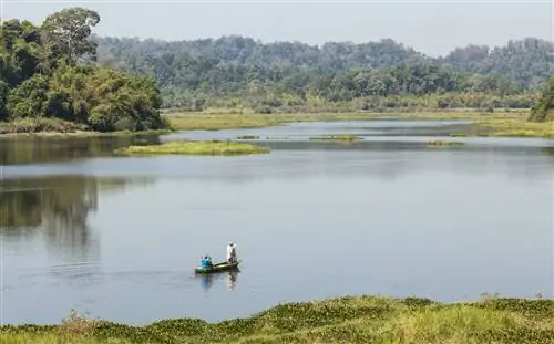 Небольшая деревянная лодка с двумя рыбаками плывет по огромному озеру, окруженному зелеными горами в Национальном парке Каттьен, Вьетнам.