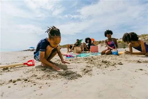 Широкоугольный вид сбоку на афроамериканскую семью, строящую замки из песка на пляже Королла во Внешних банках. Снято в дневное время при пасмурном небе, с акцентом на детях на переднем плане и размытом фоне родителей/бабушек и дедушек.