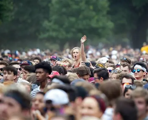 Женщину поднимают над плотной толпой на фестивале Music Midtown в Пьемонт-парке, Атланта, Джорджия, США.