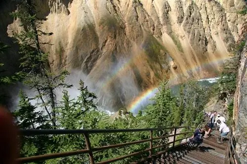 Радуги, отражающиеся от брызг в Гранд-Каньоне Йеллоустонского национального парка. Изображение предоставлено Управлением по туризму штата Вайоминг.