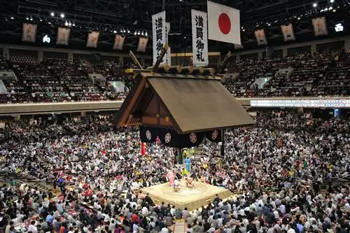 Зрители наблюдают за двумя борцами сумо, соревнующимися в Ryōgoku Kokugikan, Токио.