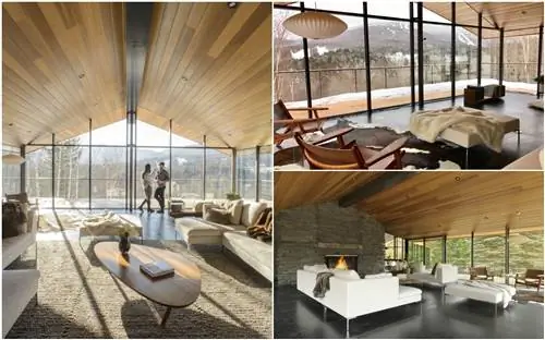 Стеклянный дом с деревянными панелями на потолках в сельской местности Вермонта.