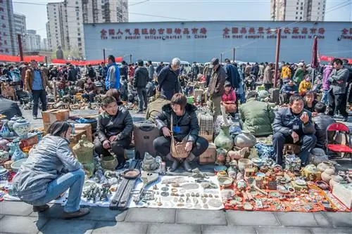 Люди собираются перед продавцами на рынке Паньцзяюань в Пекине.