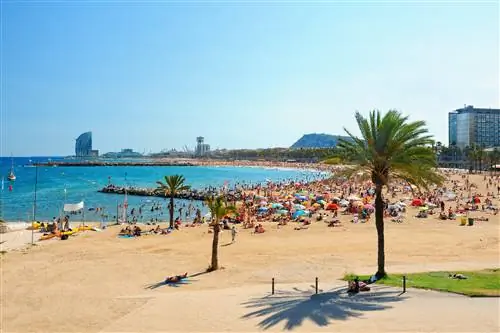 Переполненный пляж Барселоны в летний день