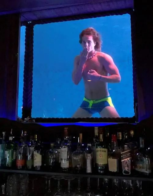 Мужчина в крошечных плавках смотрит в иллюминатор под водой в баре Wreck Bar в Форт-Лодердейле.