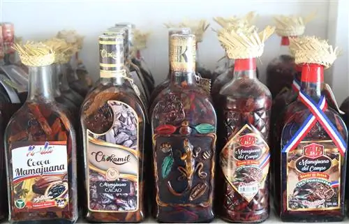 Полка с разными бутылками, каждая из которых наполнена Мамой Хуаной в Доминиканской Республике.