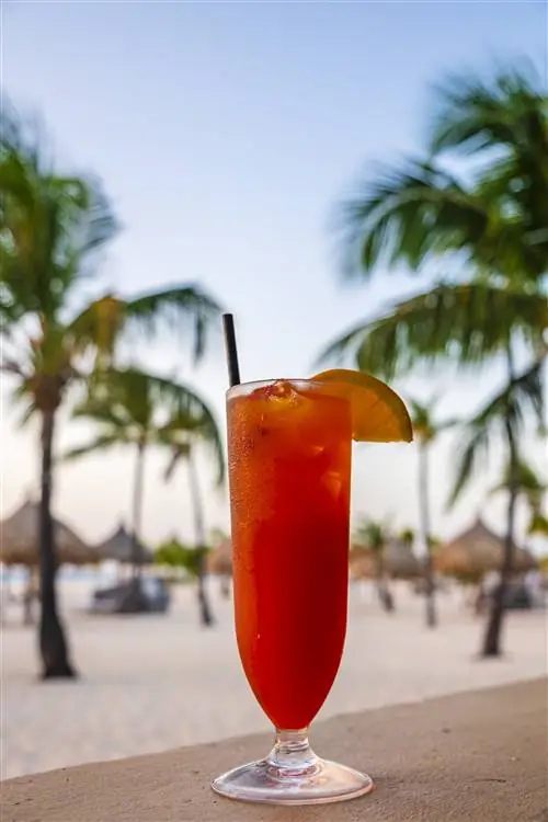 Высокий стакан Aruba Aruba со льдом, украшенный долькой лайма и черной соломинкой, стоит на цементном выступе. На заднем плане песок, маленькие хижины и пальмы.