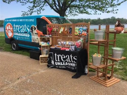 Рядом с фургоном, покрытым логотипом компании Treats Unleashed, стоят деревянные подставки с различными лакомствами для собак.