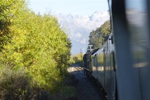Поезд с грохотом проносится мимо блестящей зелени с выходами скал впереди; Удивительные путешествия на поезде