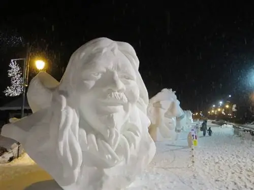 Гигантская скульптура головы мужчины, сделанная изо льда, стоит на заснеженной главной улице деревни Валлуар, Франция.