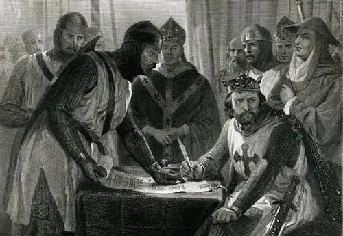 На гравюре 1873 года изображен король Иоанн, неохотно подписывающий Великую хартию вольностей.