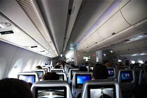 Пассажиры смотрят на экраны перед собой в самолете