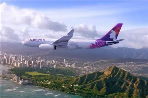 Самолет с изображением коренной гавайки пролетает над районом Вайкики в Оаху.