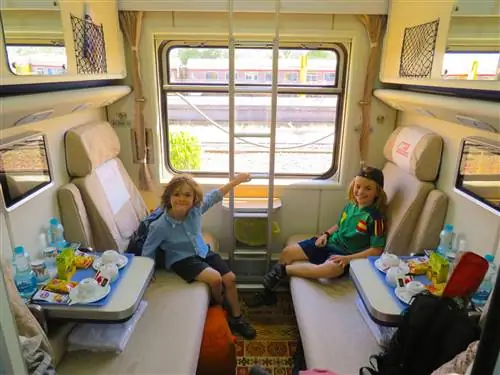 Два мальчика сидят в купе поезда и улыбаются в камеру