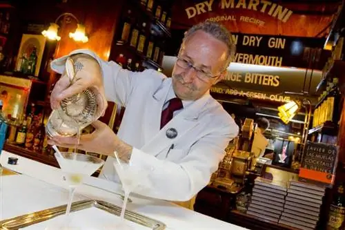 Бармен смешивает одноименный коктейль Dry Martini.