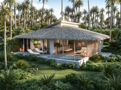 Художественное изображение просторного гостиничного номера с соломенной крышей, большими открытыми окнами и небольшим бассейном в передней части комнаты. Помещение окружено пальмами и ухоженной лужайкой, усеянной небольшими растениями.