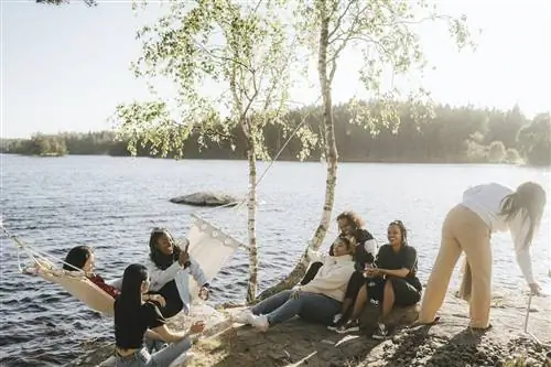 Группа подруг тусуется у озера в солнечный день