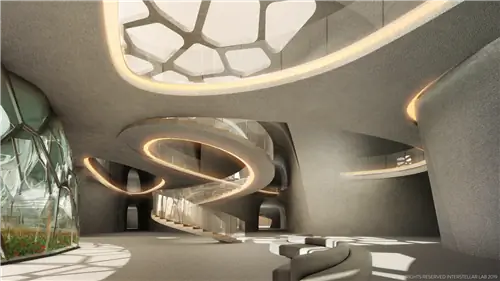 Внутри биокупола - бежевые стены и пол с мансардными окнами органической формы и изогнутой лестницей.