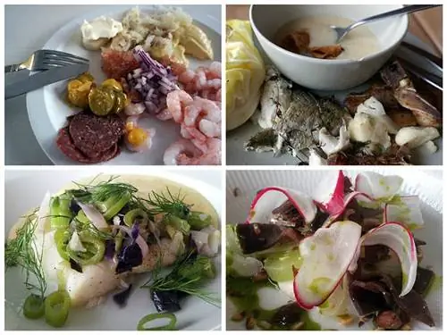 Четыре изображения, на которых изображены тарелки с морепродуктами, креветками, супами, вяленым мясом овцебыка и рыбой, украшенные луком и корнем дягиля.