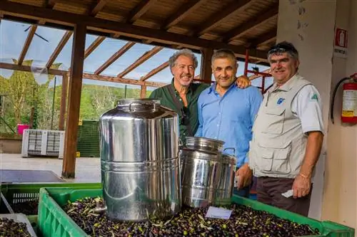 Спада, Гульетта и Спирито стоят вместе у зеленой корзины с темно-черными и коричневыми оливками, у некоторых все еще прикреплены листья. Две серебряные фусти из нержавеющей стали, одна большая и одна маленькая, возвышаются над кучкой оливок.