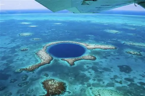 На изображении видна нижняя сторона крыла легкого самолета и глубокая синяя круглая дыра в рифе Light House; окружающие воды бирюзового цвета.