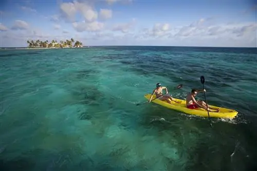 Мужчина и женщина в купальниках сидят в каяке с открытым верхом и гребут от небольшого острова в тропических водах.