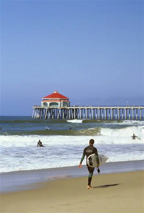 Серферы в черных гидрокостюмах бьются о большие белые волны о сине-зеленый океан на фоне длинного бледно-деревянного пирса, увенчанного павильоном с красной крышей.