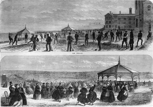 Историческая гравюра с изображением пациентов за пределами Бродмура в 1860-х годах.